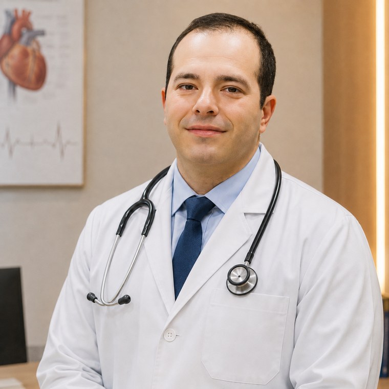 Dr. Paulo Victor Alves Tubino, cardiologista e cirurgião cardiovascular, de jaleco no consultório da Clínica IMOI